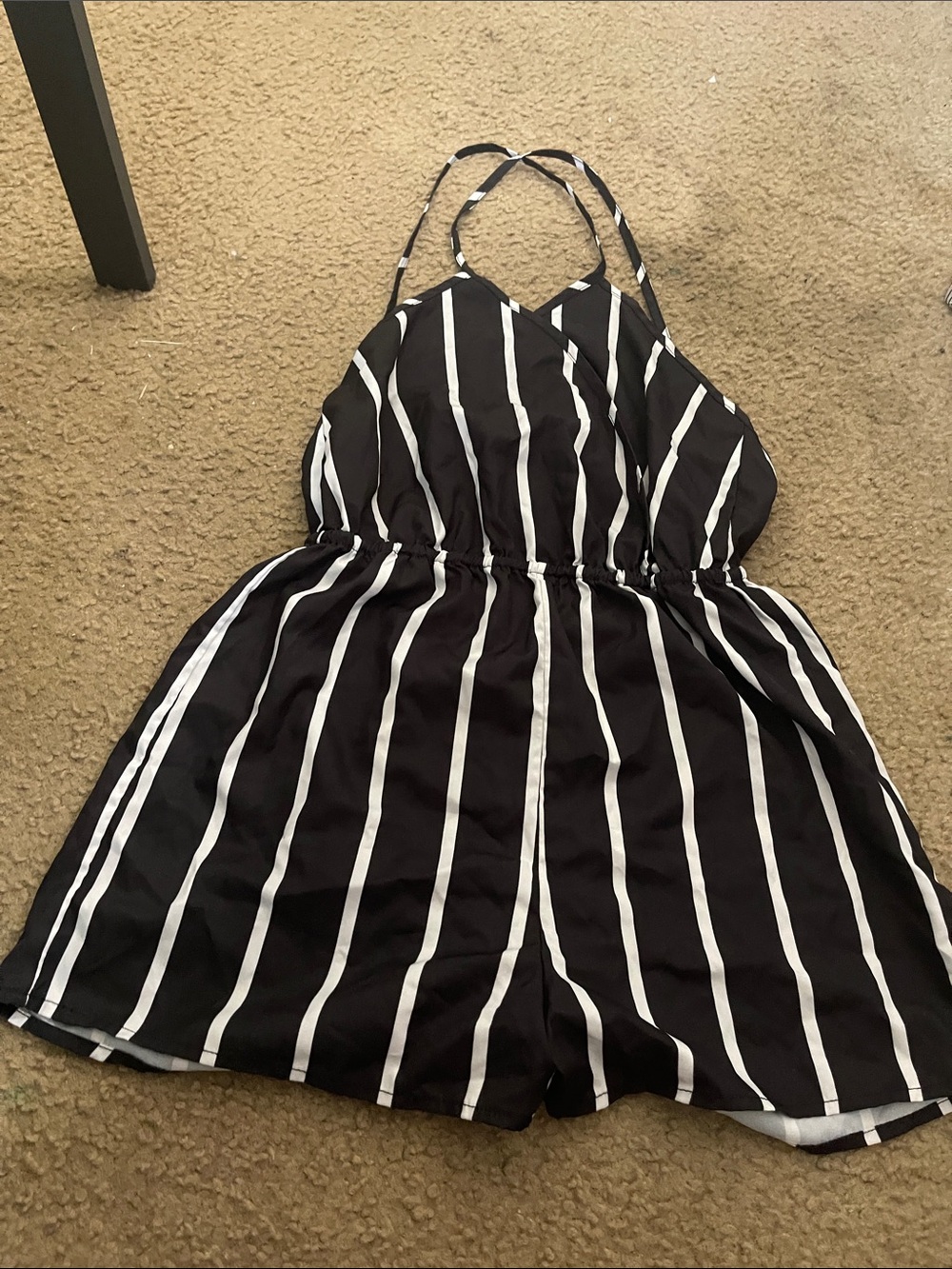 Black and White Striped Halter Romper